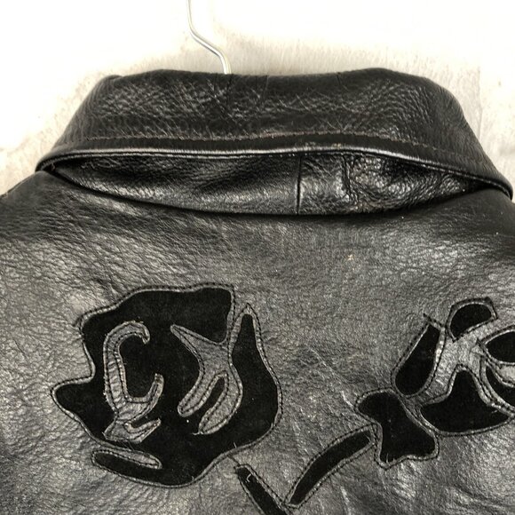 Black Leather Jacket Womens M Moto Fringe Scrolls Braids Biker Whimsigoth Rock - Picture 7 of 16